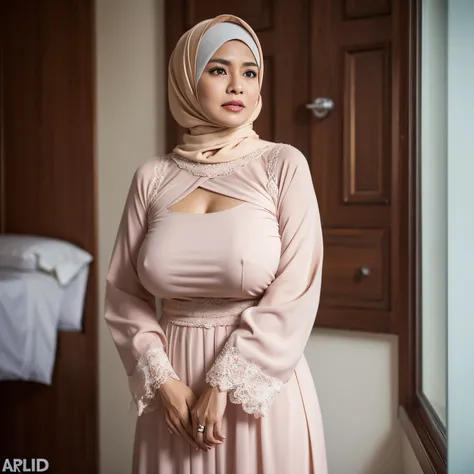 58-Years-Old,Female Doctor, Hijab Indonesian Mature Woman, Wearing Gamis, Tight Gamis, Realistic Ultra Droopiest Gigantic Breast : 78.9, Breast About to Burst out, PP cup Breast, Lewd body, Arousing body, full body shot, depth of field, best quality photo,...