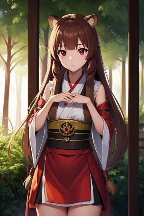 Raphtalia, Raphtalia, Animal ears, Brown hair, Long hair, raccoon ears, a racoon girl, racoon tail, (Red Eyes:1.5), tail,
，Kimono with white，Kimono，Furisode，long red skirt，Miko costume，Taking a break while watching,
BREAK outdoors, forest, Nature, Sun, sky...