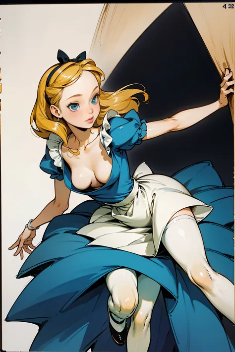 masterpiece, 1girl, solo, make her a sexy alice in wonderland with blonde hair, powder blue dress with white apron, white stocki...