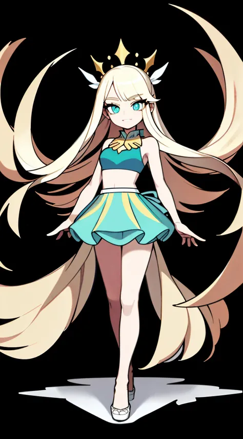 ((High Quality)), ((Masterpiece)), 8k, 1girl, full body, long hair, hair and ground, medium chest, ((swimsuit)), ((bikini)), long hair, plain white background, Kpop idol, full body, beautiful eyes, green eyeairy wings)), long blonde hair, bad smile, proud ...