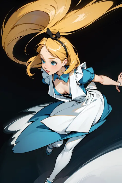 masterpiece, 1girl, solo, make her a sexy alice in wonderland with blonde hair, powder blue dress with white apron, white stocki...