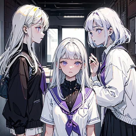 DARK SKINNED GIRL with white hair and purple eyes in school uniform talking to friends