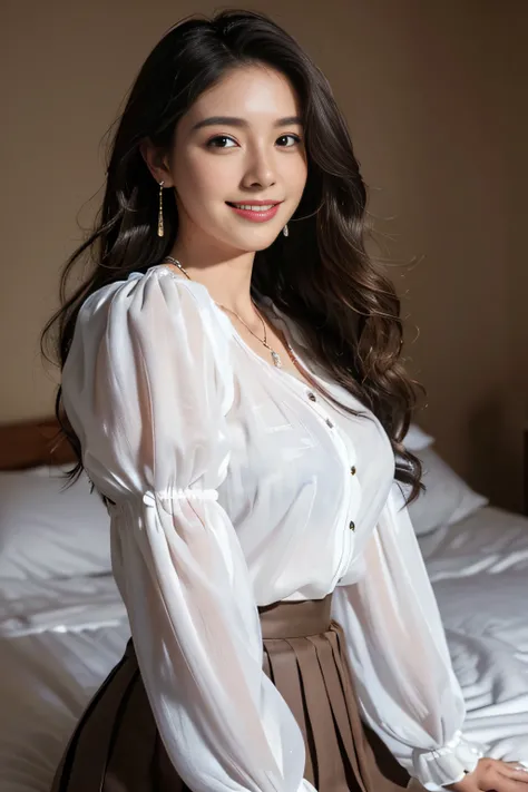 ((Very beautiful girl:1.3)),((White Button Blouse＿long-sleeve＿Big necklace_Large earrings＿see-through sleeves,Mini pleated skirt in white:1.4)),((FULL BODYSHOT:1.5)),((On a hotel bed:1.3)),((FULL BODYSHOT:1.5)),((Thin_fabric:1.4)) ((Doing work:1.3)) ((Her ...