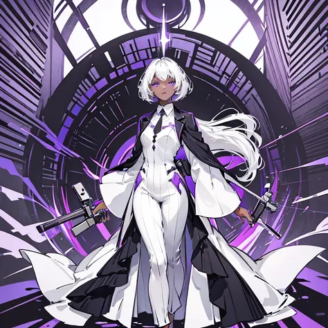 DARK SKINNED GIRL with white hair and purple eyes in formal dress with two guns