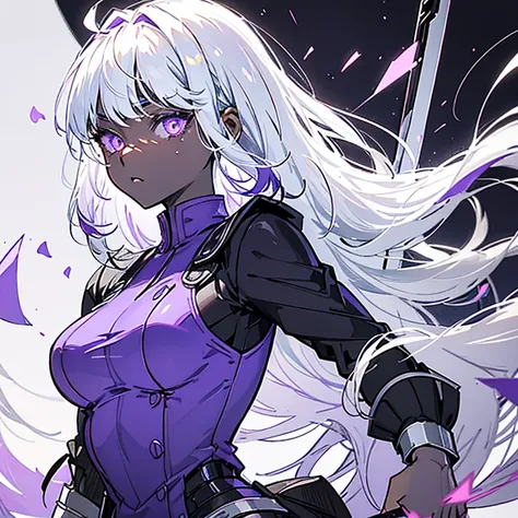 DARK SKINNED GIRL with white hair and purple eyes in demon slayer uniform with purple sword