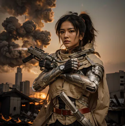 Hermosa mujer guerrera, Cara japonesa, pelo negro recogido en una cola de caballo, Modern Japanese style cyborg full heavy metal armor, color rojo con detalles blancos, holds laser guns, ammunition belts, capa beige, It is in a completely destroyed Asian c...