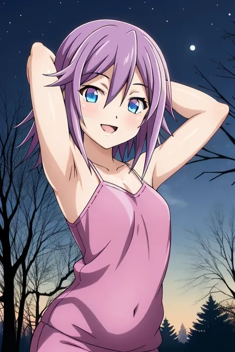 mizore_shirayuki ,1girl, solo, forest, dark sky, contrapposto, smile, spread armpits, upper body, arms behind head,