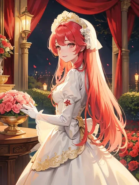 In front of a magnificent garden fountain、brightened light、red rose flower bed、golden long hair girl、Classic White Wedding Dresses、Lots of races、lots of ribbons、voluminous puff sleeves、long cuffs with many buttons、golden embroidery、Long Train、white embroid...