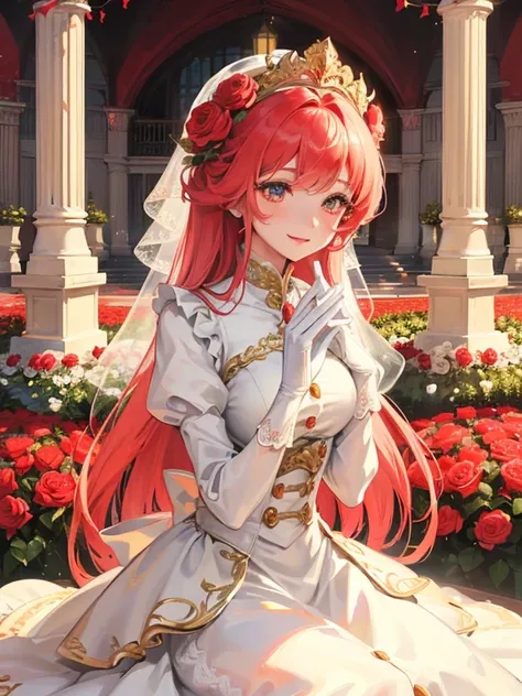 In front of a magnificent garden fountain、brightened light、red rose flower bed、golden long hair girl、Classic White Wedding Dresses、Lots of races、lots of ribbons、voluminous puff sleeves、long cuffs with many buttons、golden embroidery、Long Train、white embroid...