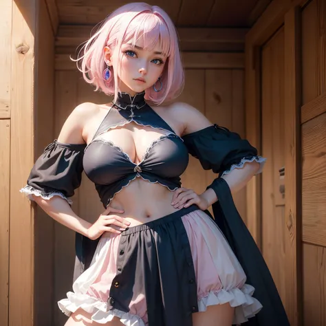 8k, masterpiece, best quality, realistic, higly detailed, cowboy shot, 1girl, solo, Ichika Nakano, young girl, very short hair with a single long strand on the right side, white-pink hair, a single earring, dark blue eyes, average height, well-endowed figu...