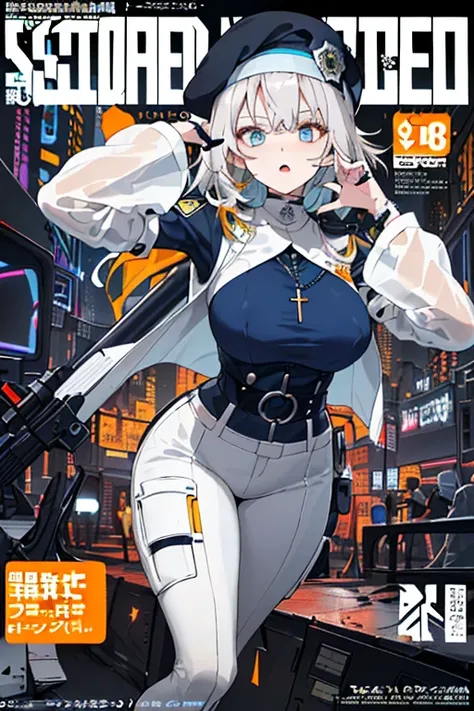 ((((dramatic))), (((gritty))), (((powerful))) 1girl, tactical (nun) The police,((Sci-fi elements)) ((cyberpunk elementilitar purple beret) religious icon, ((priest collar)) (large breasts with pointy nipples), tight white and yellow bodysuit, white vest, o...