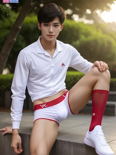 16 years old teenagers , very young , light-skin , wearing an dark red sexy underwear, tmasterpiece，k hd，the feet，Transparent sports vest，semi transparent，black long socks，The barefoot , red colour , handsome and cute , extreme cute boy , white skin , dark...