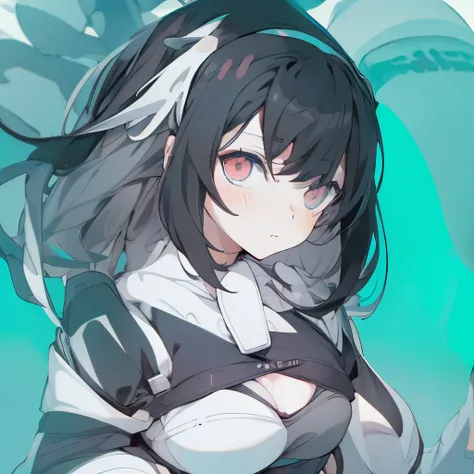 (masutepiece:1.2, Best Quality),  [girl, Manteau, expressioness, Turquoise eyes, front facing, jet-black hair, Jacket comes off, Upper body] (Gray white background:1.7),