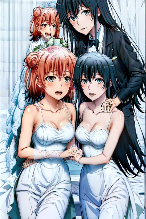 (best quality), 2woman,2girl , yukinoshita yukino, yuigahama yui , marriage, yukinoshita yukino wears tuxedo , eyes blue, white ...