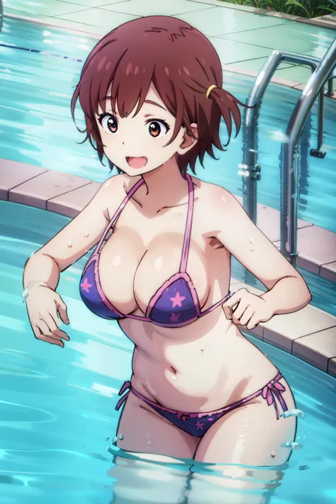 absurdres, highres, ayaka_tachibana_imocho, bikini, pool, swimsuit, water, large breasts, leaning forward, cleavage, armpit, cowboy shot, laughing