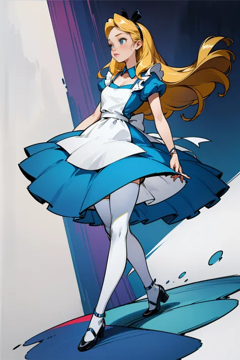 masterpiece, 1girl, solo, make her a sexy alice in wonderland with blonde hair, powder blue dress with white apron, white stocki...