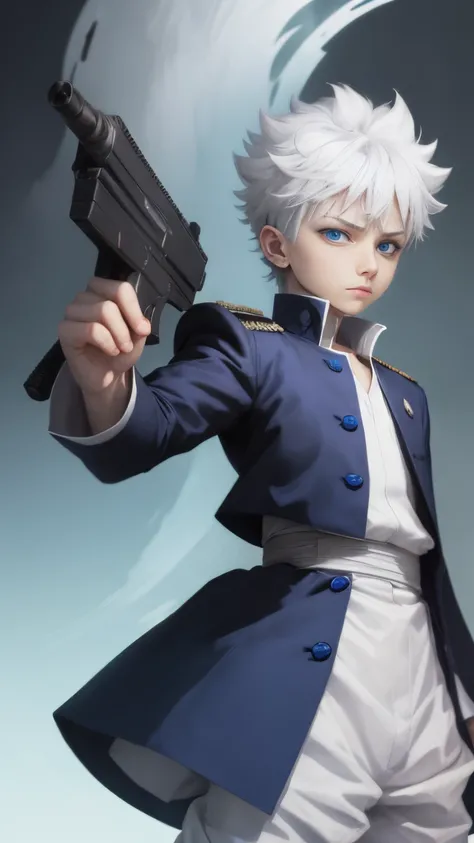 killua zoldyck anime character with white hair, blue eyes, wearing a Royal uniform and holding a gun