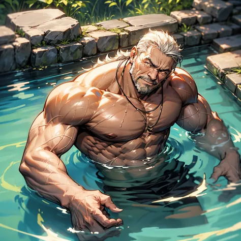 Muscular old man soaking in hot springs.large shoulders、he is so huge