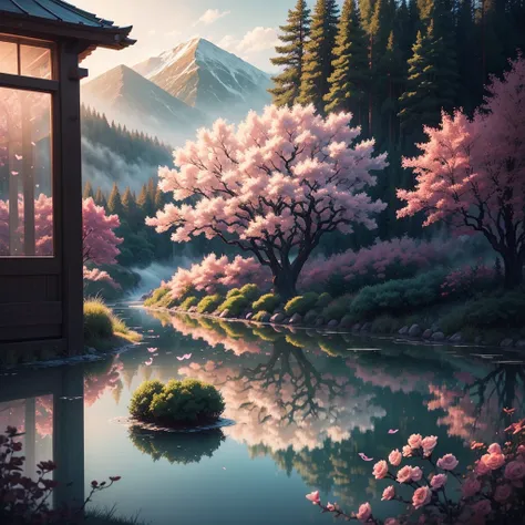 working on obsidian:))Rose garden，rainbow in the sky，(depth of fields)，optic，thin fog，wooden cabin,cherry tree，Ethereal atmosphere,vivd colour,Filmography，Fantastic and magical，Huang Li，particle effect，diffused reflections)，waterfall man，Butterflies dance,...