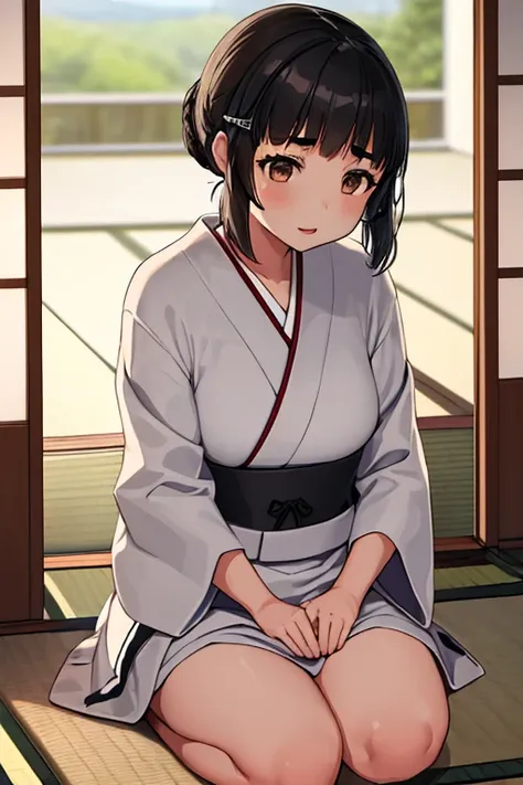 1girl, sozinho,
myoukou \(kancolle\),
dentro, japanese-style room, tatami, shiromuku,capuz branco,quimono branco, seiza, sorrir,