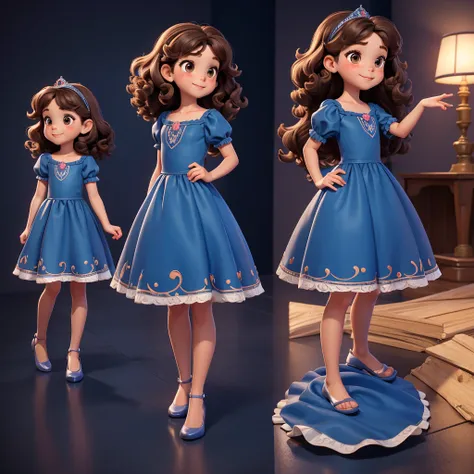 full body image profile poses. of two small children, a four-year-old girl, curly brown hair, brown eyes, charming smile, wearing a dark blue dress, fairytale princess style.