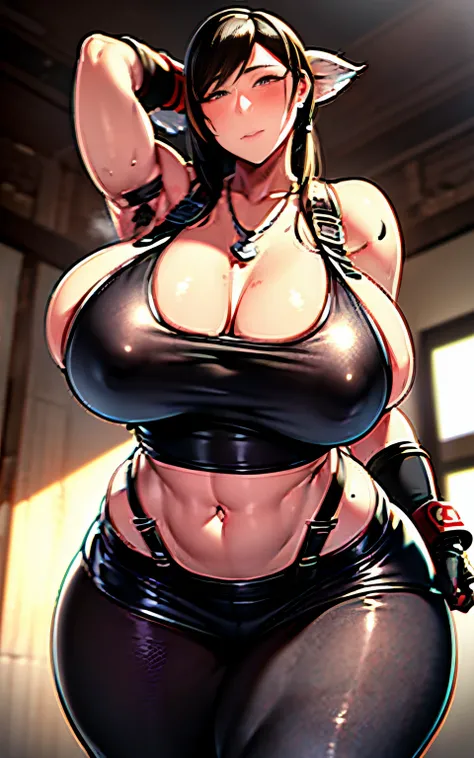 ((Unreal engine 5 realistic renderer)), best quality, masterpiece,highres, top body is hyperrealistic thicc muscle and hyper largest_breasts!! with the type of boobs_melons, lower is huge buttocks,(((Tifa lockhart))) ,necklace, (Beautiful face), looking at...