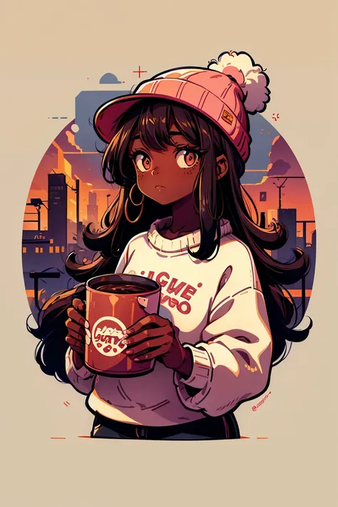 Dark skin pretty young woman in an oversized fuzzy fitted shirt, shy, holding a pink coffee “catty” labeled mug, insanely detailed, 4K, 2D illustration, red hat, clearly detailed eyes,  luminous brown eyes, muted pastels and vibrant brown and white