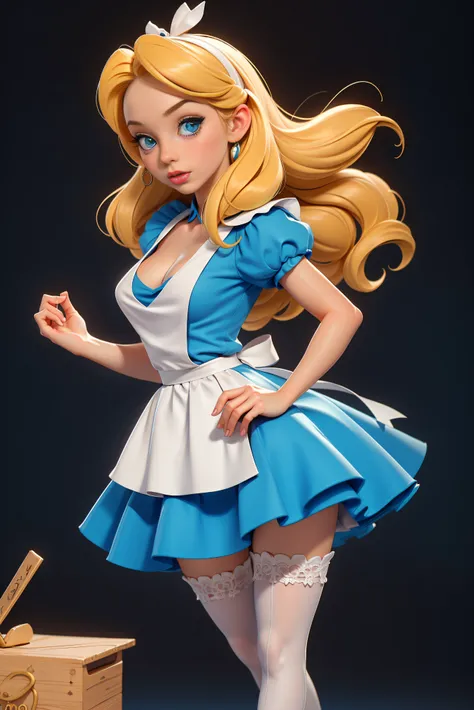 masterpiece, 1girl, solo, make her a sexy alice in wonderland with blonde hair, powder blue dress with white apron, white stocki...