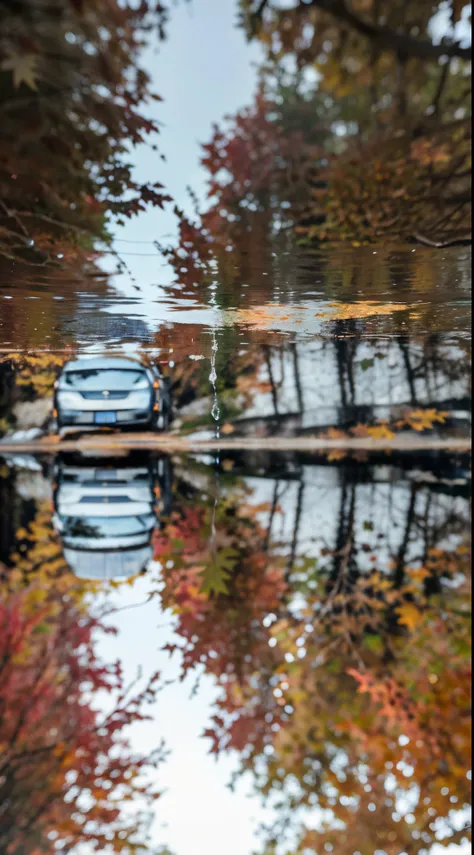 water on top，The real road  below，This  a picture in which the normal picture  reversed。Draw the maple leaves on the picture to look like they are falling in the air.，stay in the middle of the picture。The water above also drips down to the sky below with a...