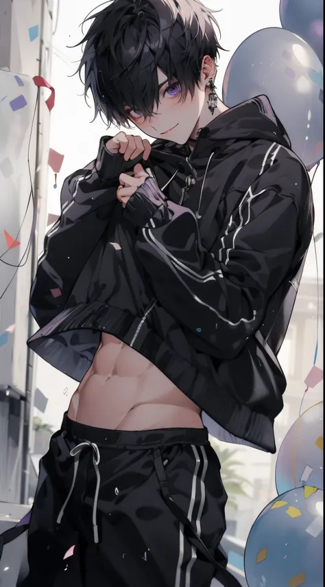 High quality, amount of drawing, pixiv illustration, Beautiful young man, Black hair, Purple eyes, Short hair,Balloons, Abs, Hoodie, gloves, slit-eyes,A slight smil,