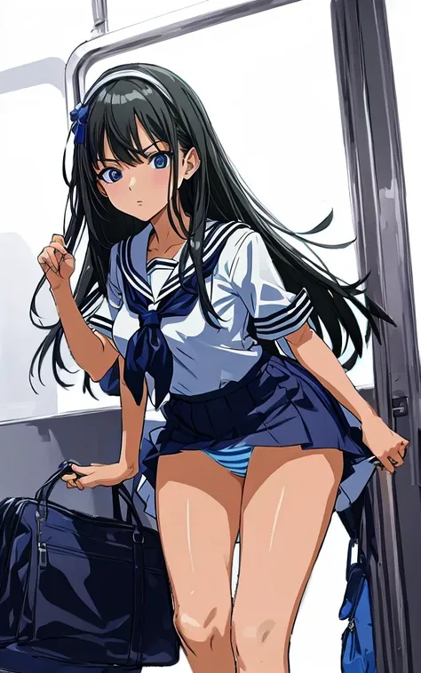 On the train, a beautiful woman with long black hair, big breasts, and beautiful legs is standing in a sailor uniform with a white miniskirt, light blue and blue striped panties showing her crotch, and glaring at a middle-aged office worker.。