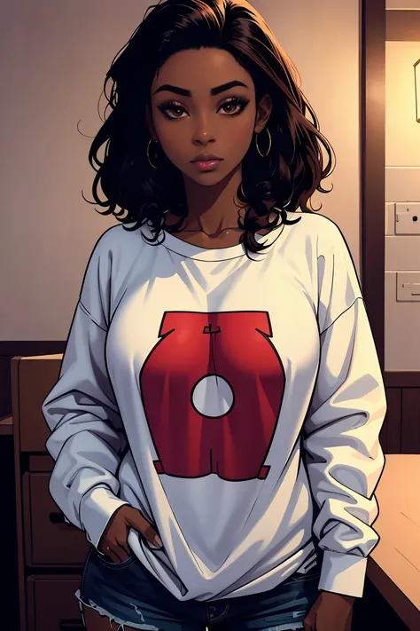 Dark skin young woman in an oversized fuzzy fitted shirt, clearly defined brown eyes