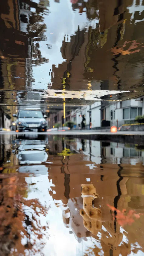 The upper part of the picture  the reflection of the puddle，The lower part  the actual scene。Reflects the gravity effect on the upper part of the puddle。Focus on the effect in the water。