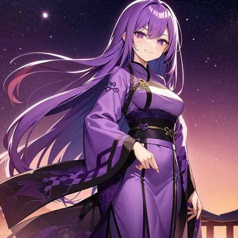 Tall woman with long purple hair and purple eyes wearing a long sleeve purple ancient Japanese shirt and long purple shirt. Her arms are crossed and she is looking smug with purple night sky in the background