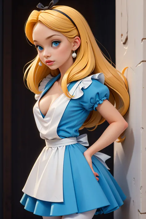 masterpiece, 1girl, solo, make her a sexy Alice in Wonderland with blonde hair, powder blue dress with white apron, white stockings, cleavage, dynamic, ultra high def, 32k, (perfect anatomy:1.5), perfect legs, perfect arms, downblouse