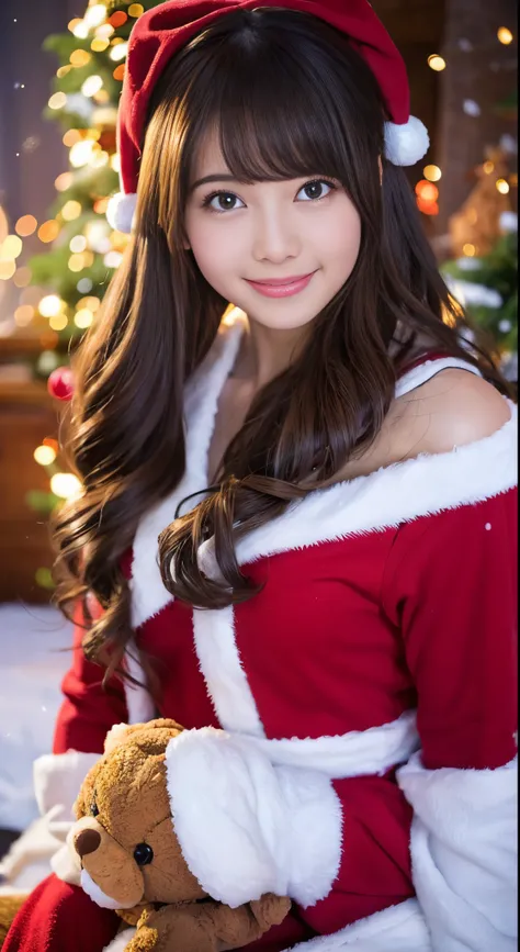 (Best Quality,4K,hight resolution,masutepiece:1.2),Realistic,Christmas,girl (21 years old),Hugging a big teddy bear,stuffed animal,Wear warm clothes,Snow falling in the background,Winter wonderland,Joyful expression,Magical atmosphere,Soft lighting,Vivid c...