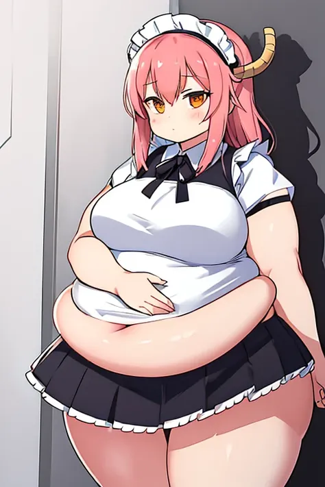 masterpiece, best quality, obese body, fat arms, fat belly, thick thighs, fat big butt, tohru (maidragon), dress maid, dragons tail