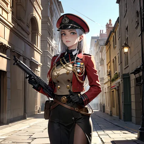 En un mundo dieselpunk. A very pretty young soldier in the British army, con un gran sombrero y un traje rojo con muchos botones y varias medallas. She carries a strange steam rifle. She  doing patrol on a large cobblestone street with large buildings... L...