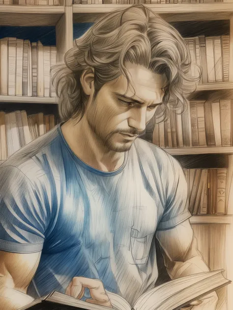 Drawing Inside an Enchanted Library, Very Handsome Man, with wavy hair, Full Body, tanned, Blue Eyes, Eyes dancing, Dressed in a RED Tee and Jeans, FULL Body, Inside Enchanted Magical Library,  Look at a book, Its shelves are adorned with Gold, Black, Brow...