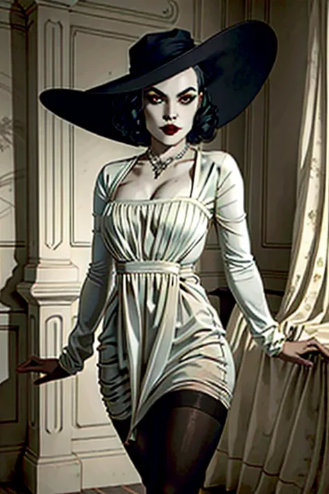 menina, vampira, vestido branco, calcinha branca, Panty hose, antique hat, olhar raivoso