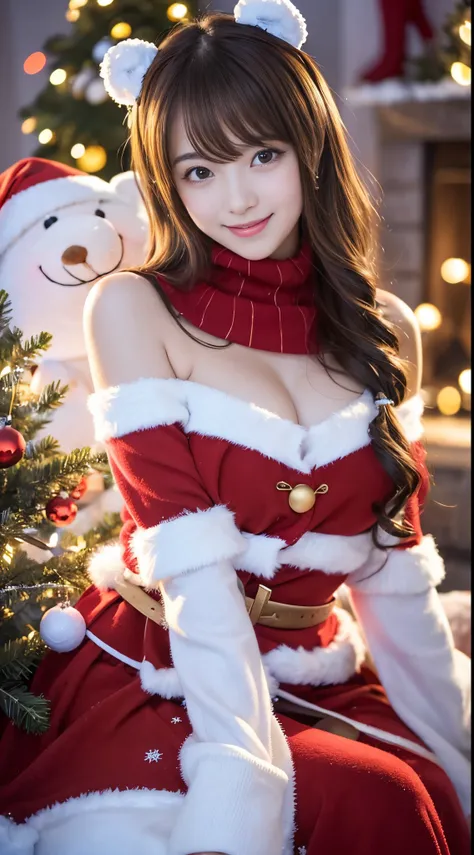 (Best Quality,4K,hight resolution,masutepiece:1.2),Realistic,Christmas,girl (21 years old),Hugging a big teddy bear,stuffed animal,Wear warm clothes,Snow falling in the background,Winter wonderland,Joyful expression,Magical atmosphere,Soft lighting,Vivid c...