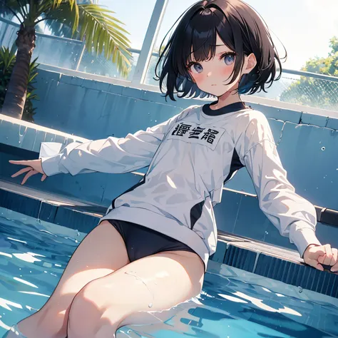 top-quality、Full limbs、complete fingers、Slender beauty、straight haired、black hair, Bery short hair、knee high、School swim wear、Small eyes、Does not blush cheeks、school swimming pool