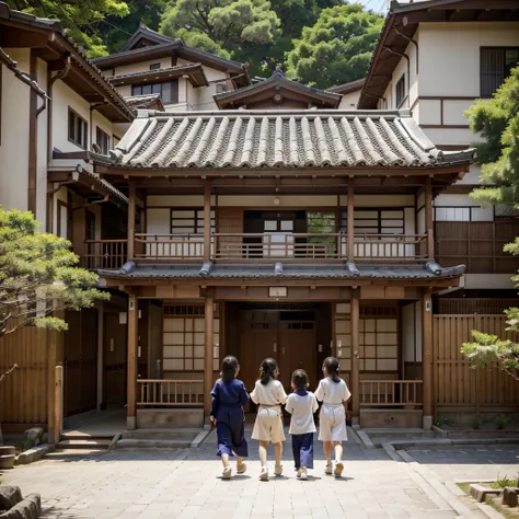 create a beautiful Japanese-style house with several children playing on a quiet street, e com adultos andando pelas ruas, with several village-style houses, the street is paved with stones, Impeccable, genial, nunca jamais visto e UHD