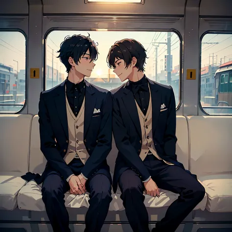 masuter piece、Beautiful shape、a handsome、Two Men、High school students、romance、BL、Yaoi、We get along well、Looks happy、happy、a smile、sitting next to each other、train、animesque、Best Quality