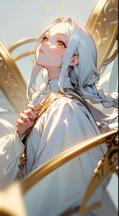 best quality, masterpiece,white hair, gold eyes,white clothes, looking up, upper body,hair strand,Fair skin,side braids