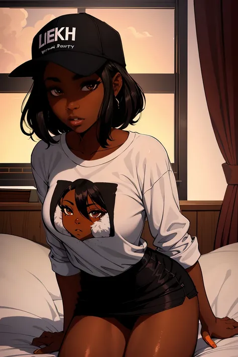 Dark skin ebony young woman in an oversized fuzzy fitted shirt, clearly defined brown eyes, perfect wild cloud of black hair, sweet, deceptively shy