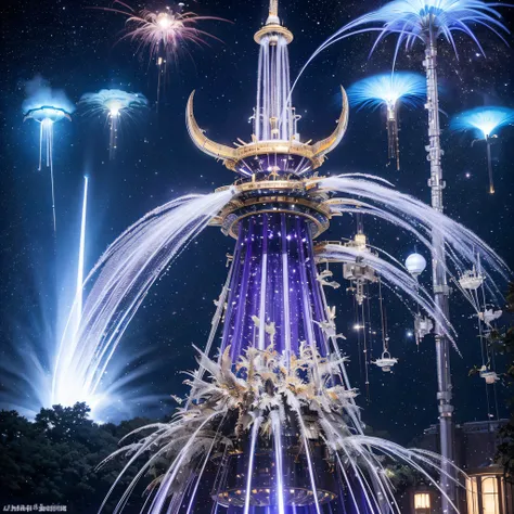 lisses，round form，Spectacular futuristic sci-fi night spaceship erupting from steam engine，sparkling silver water column.There  a Chinese golden dragon spraying water in this water column，Emit purple energy，and emits a slight blue light，Make the entire spa...