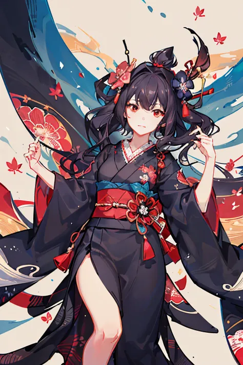 {{{Ukiyo-e_style}}},{{flat_style}},{simple_colors},{{{masterpiece}}},{katsushika_hokusai},long_hair,hair_flower,{{black_hair}},red_eyes,red_sky,{chinoiserie},{{{best_quality}}},kimono,{{ultra-detailed}},{illustration},Maple_leaves_flying,{{1girl}},{{{solo}...