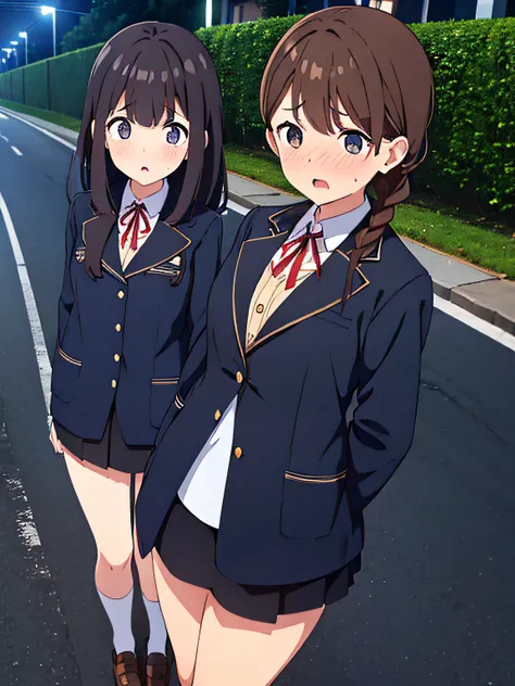 (2 girls:1.5)　,dark brown hair,Braided hair,（nose blush:1.5） ,Surprised,Opening Mouth,(Wide shot of all navy blue school uniform,（White panties),tall,(hightquality),（From  above）,（bending forward）,（bow your head and look ahead),Inner Stock,Bottom Eyes,Narr...