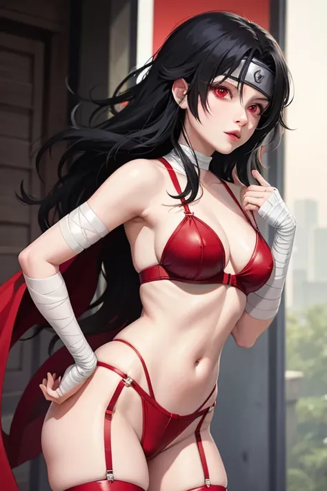 nar_kurenai_yuhi,forehead protector,bandages,,red eyes, red garter belt, red garter straps,